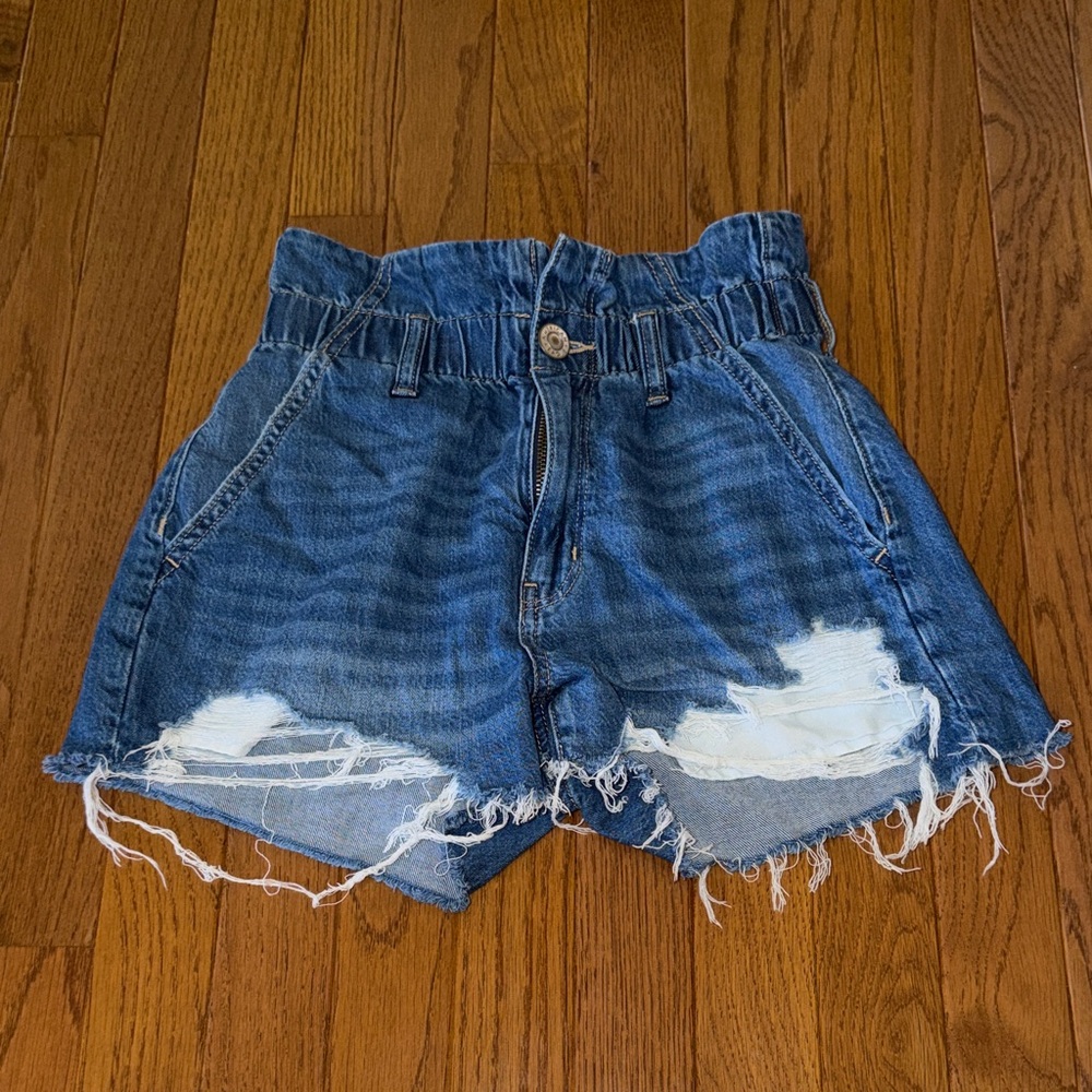 American Eagle Outfitters Blue Distressed High-Waist Denim Shorts